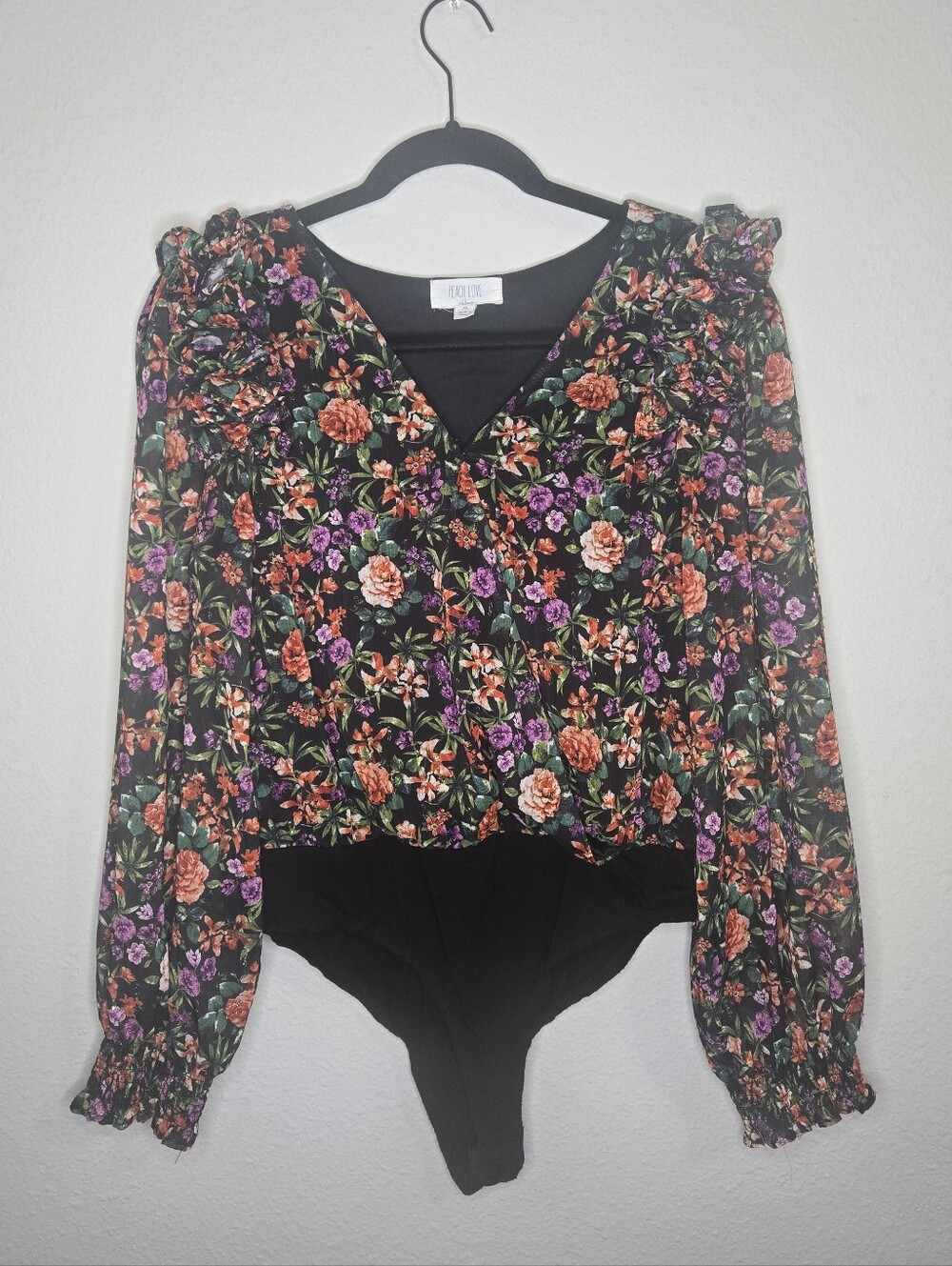 Black Floral V-Neck Long Sleeve Bodysuit